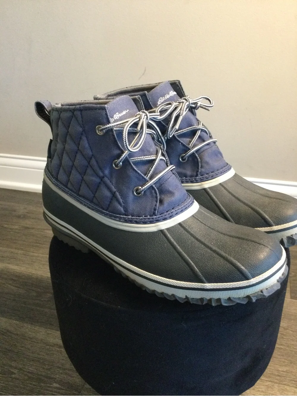Eddie Bauer Navy and Gray Quilted Waterproof Duck Boots